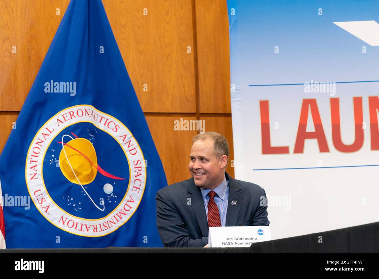 NASA Administrator Jim Bridenstine joins President Donald Trump at a launch briefing in preparation for the launch of the SpaceX Falcon 9 rocket with the Crew Dragon vehicle Wednesday May 27 2020 at the Kennedy Space Center in Cape Canaveral Fla. Stock Photo