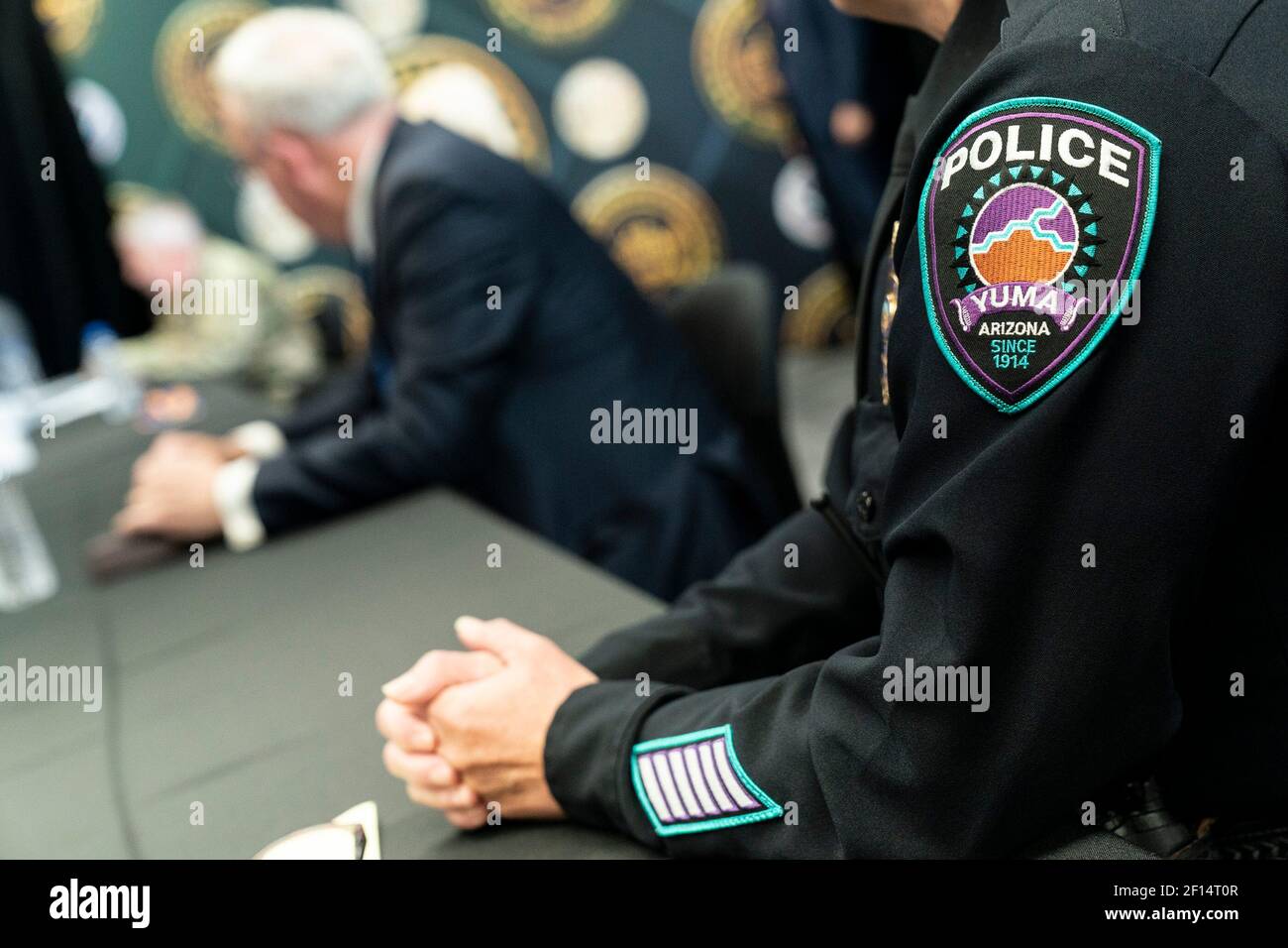 President Donald Trump is joined by U.S. Customs and Border Protection Acting Commissioner Mark Morgan; Department of Homeland Security Acting Secretary Chad Wolf; Arizona Governor Doug Ducey; Senator Martha McSally R-AZ and other federal and state officials at a border security roundtable Tuesday June 23 2020 at the U.S. Border Patrol Yuma Sector headquarters along the U.S.-Mexico border near Yuma Ariz. Stock Photo