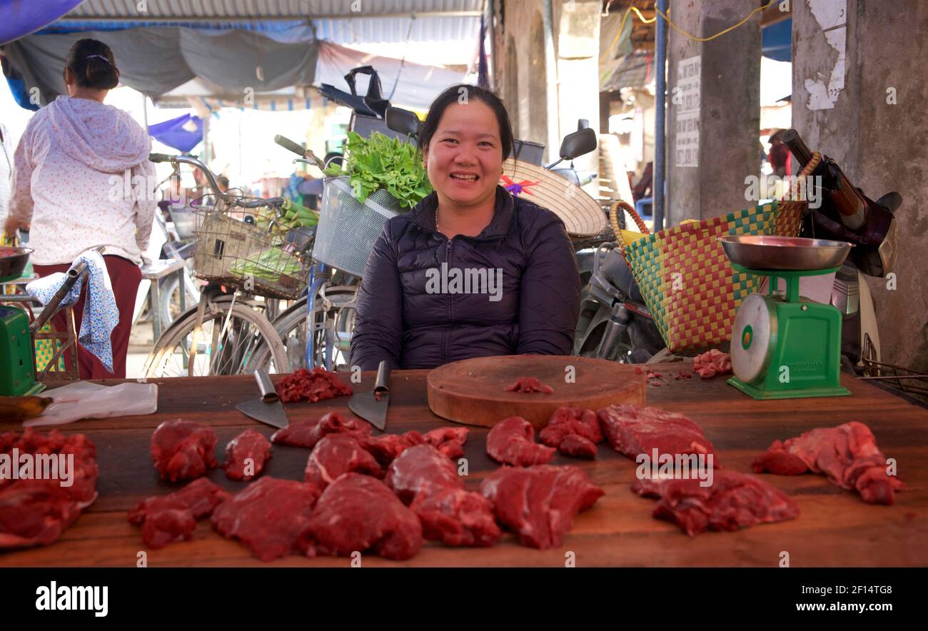Vietnamese woman selling meat at Thanh Liêm market, Hà Nam, Ha Nam