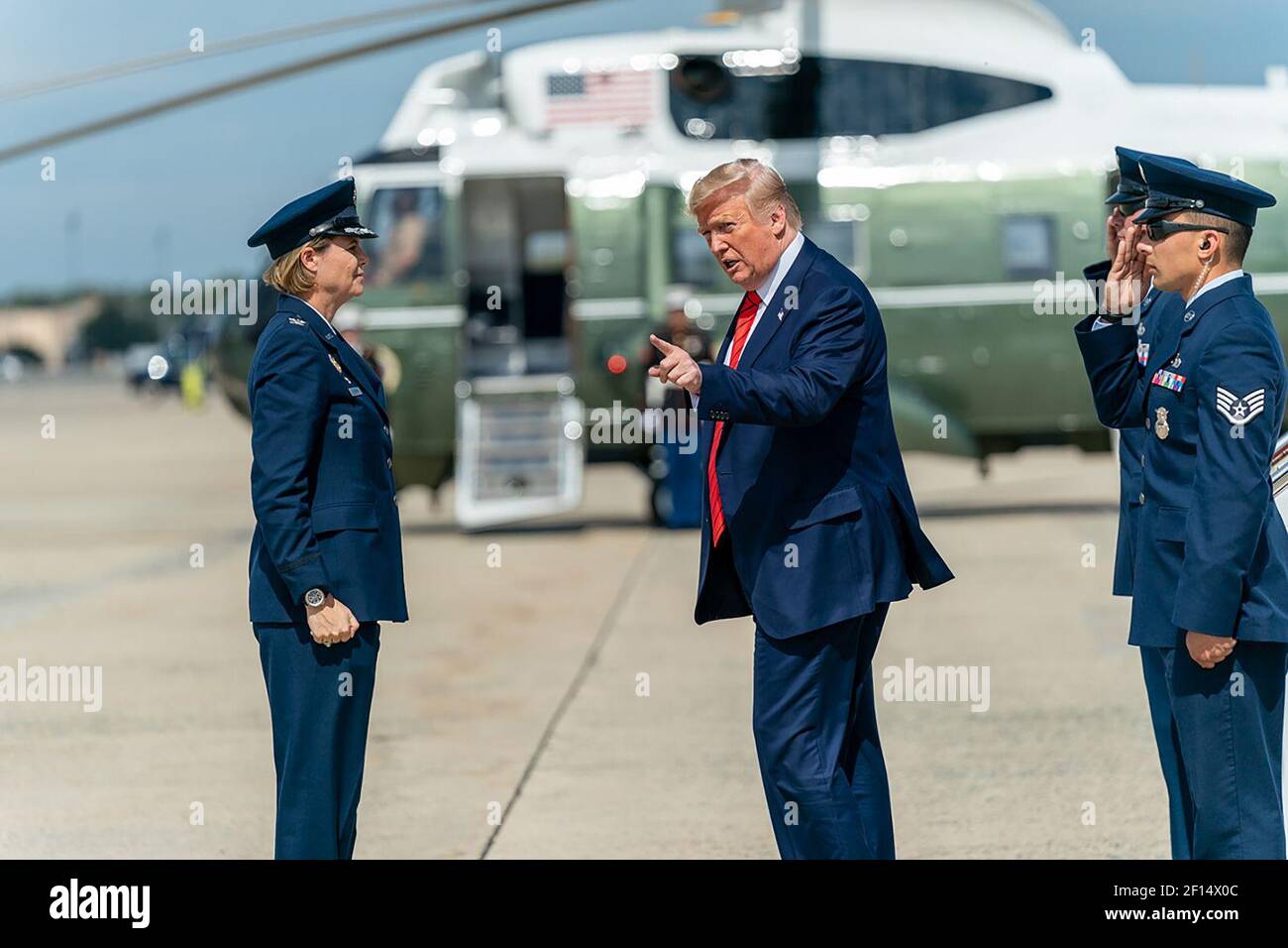 President Donald Trump is welcomed by U.S. Air Force Col. Rebecca J. Sonkiss Commander of the 89th Airlift Wing as he disembarks Air Force One at Joint Base Andrews Md. Thursday Sept. 26 2019. Stock Photo