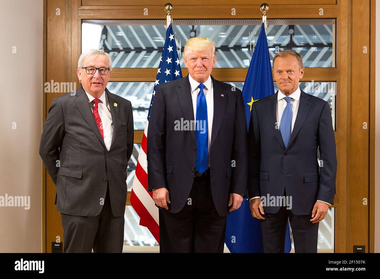President Donald Trump poses for a photo with European Union leaders President Jean-Claude Juncker and European Council President Donald Tusk Thursday May 25 2017 at the European Union Headquarters in Brussels prior to the start of their bilateral meeting. Stock Photo