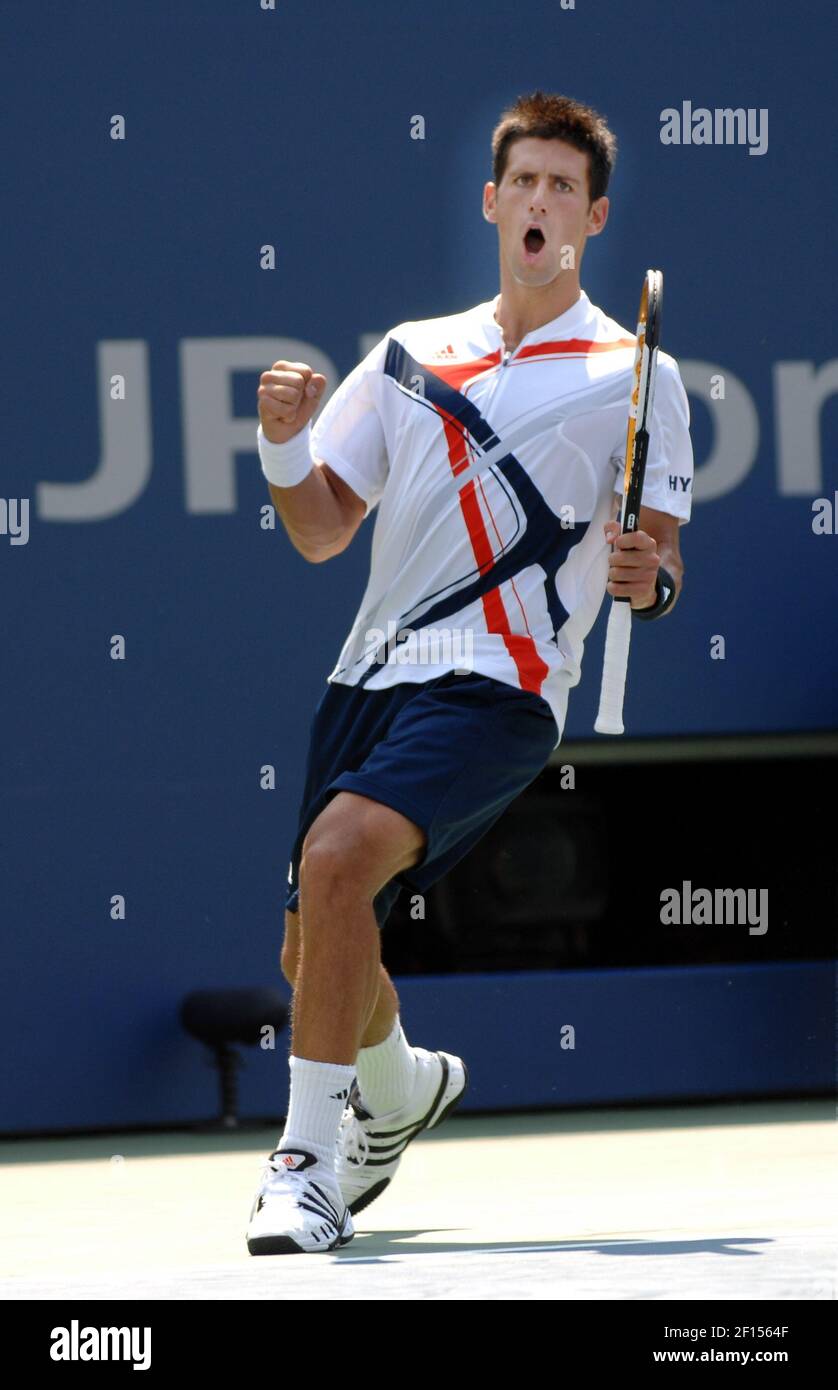 Flushing Meadows, New York, Saturday Sept 8, 2007: US Open Tennis  Tournament: Novak Djokovic is excited in the first set after winning a long  point against David Ferrer during their semifinal match