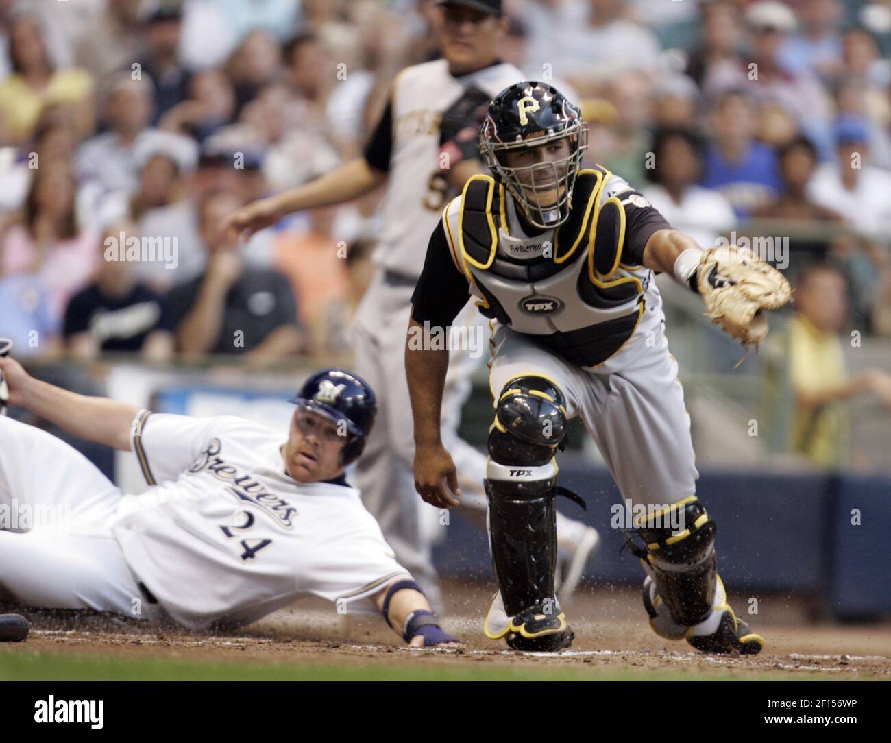 Johnny Estrada of the Milwaukee Brewers during batting practice before a  game from the 2007 season at Dodger Stadium in Los Angeles, California.  (Larry Goren/Four Seam Images via AP Images Stock Photo 