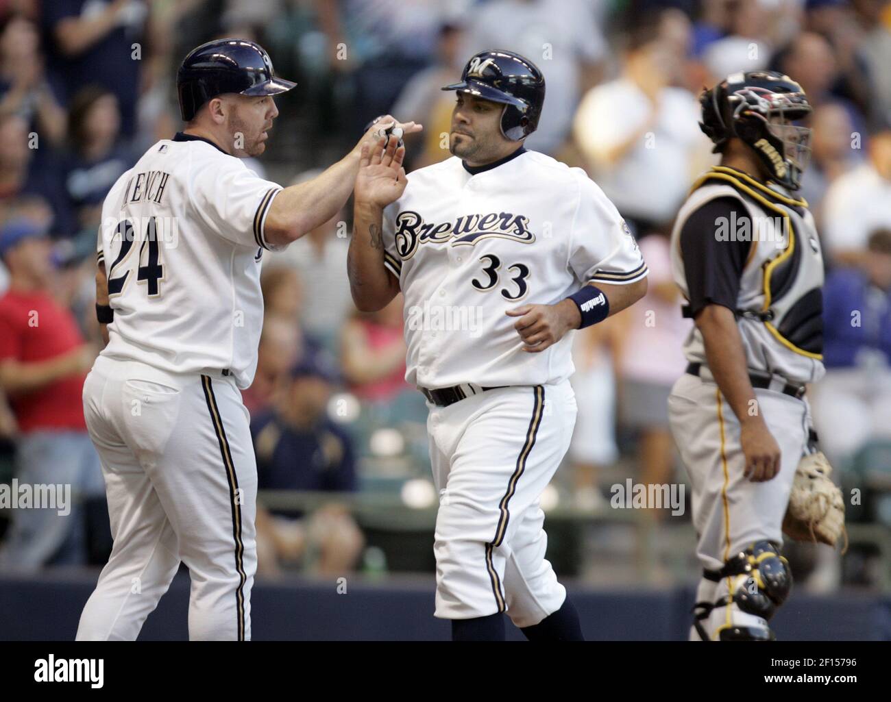 Johnny Estrada of the Milwaukee Brewers during batting practice before a  game from the 2007 season at Dodger Stadium in Los Angeles, California.  (Larry Goren/Four Seam Images via AP Images Stock Photo 