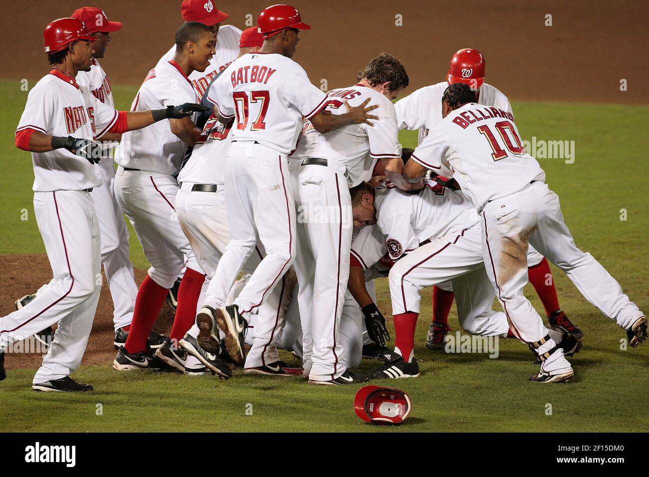 Washington Nationals celebrate their come-from-behind victory over the  Colorado Rockies in their game played at RFK Stadium in Washington, DC, on Thursday  night, July 19, 2007. Washington defeated Colorado 5-4 in ten