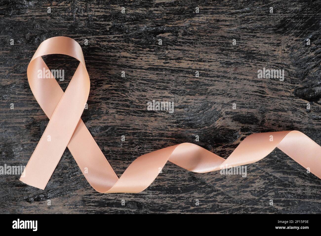 Top view of peach ribbon on dark wood background. Uterine and endometrial cancer awareness concept. Stock Photo