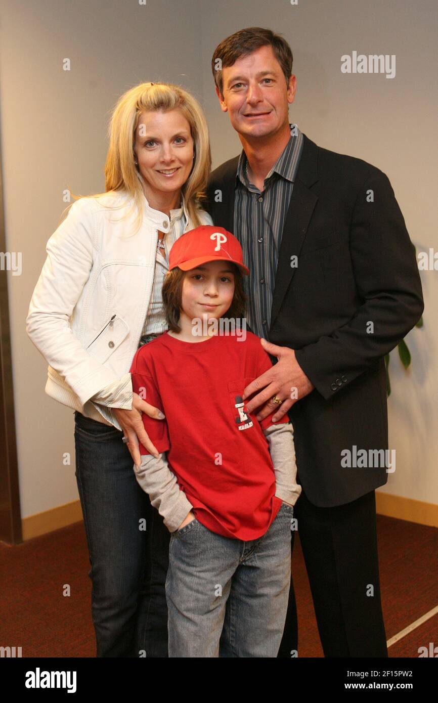 Philadelphia Phillies pitcher Jamie Moyer and wife, Karen, pose with Dane  Gainey, a camper from the Moyer Foundation, at Citizens Bank Park in  Philadelphia, Pennsylvania, on April 5, 2007. Gainey attended Camp