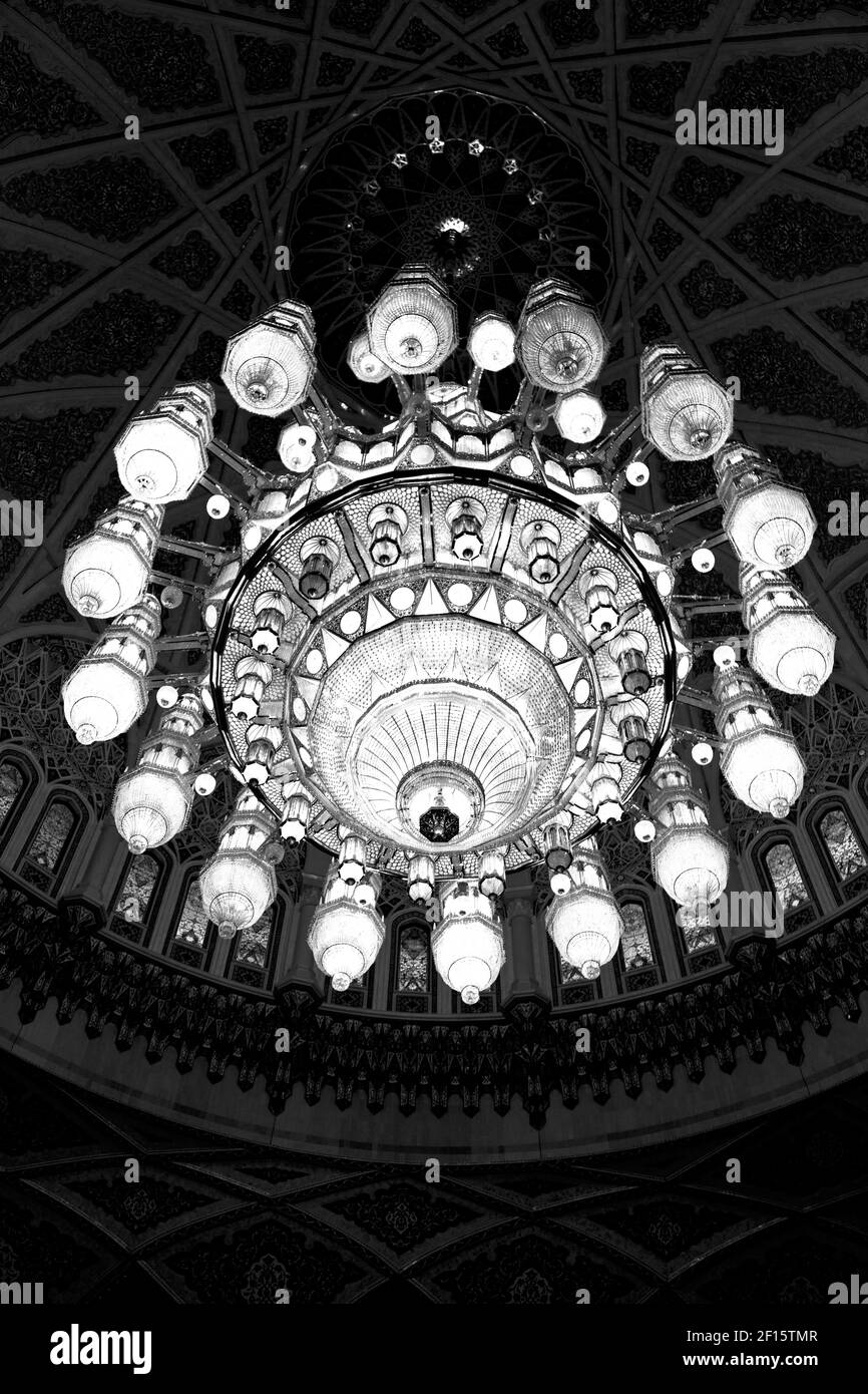 In oman muscat old mosque and the antique glass chandelier Stock Photo