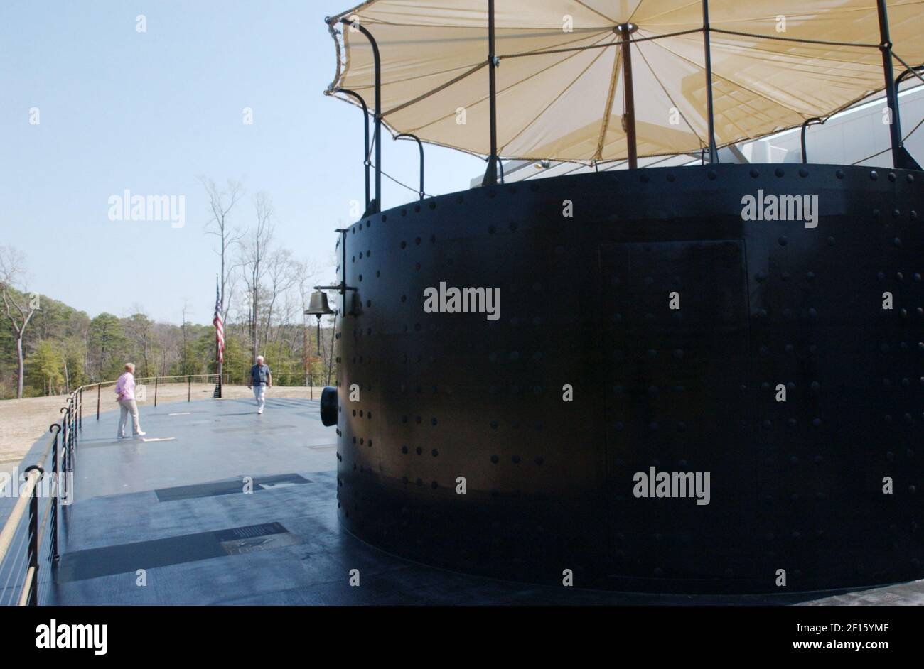 Visitors explore the stern area on a full-size reproduction of the USS Monitor on display at the new USS Monitor Center at The Mariners' Museum in Newport News, Virginia. (Photo by Chuck Myers/MCT/Sipa USA) Stock Photo