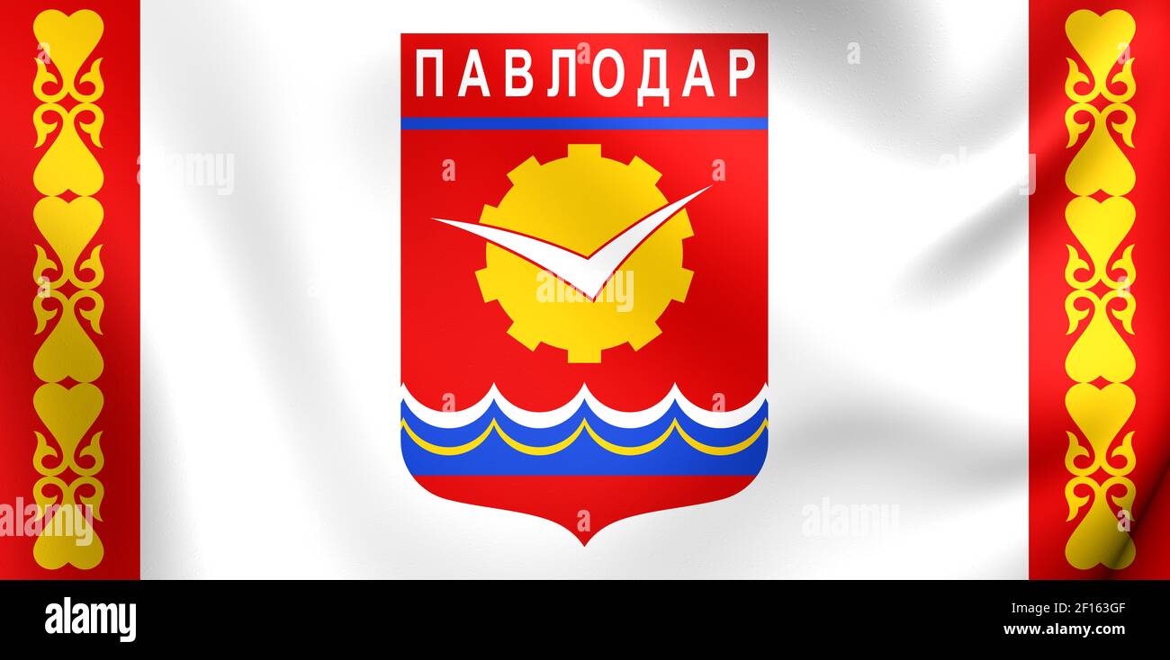 3D Flag of the Pavlodar. Close Up. Stock Photo