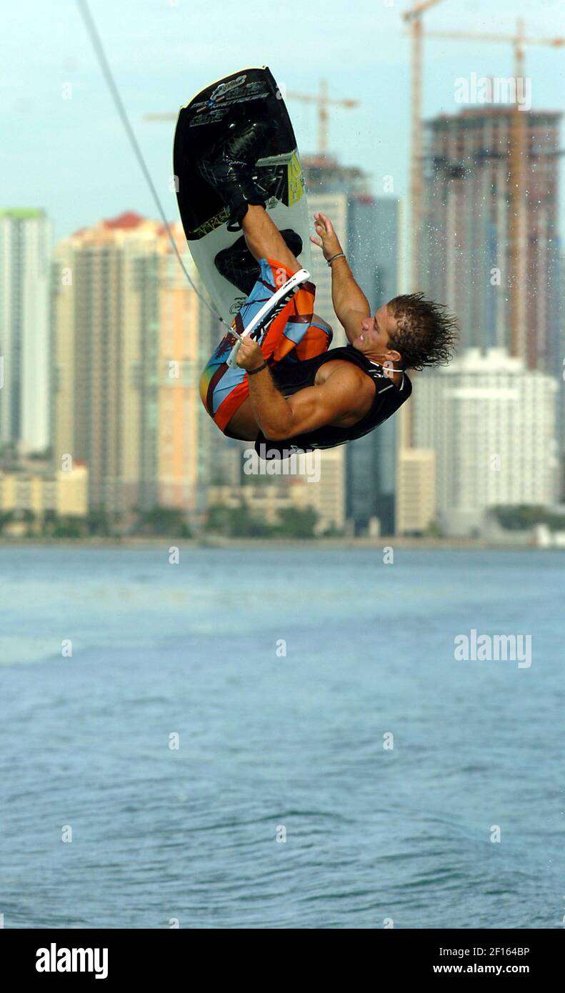 Marcos Moran, owner of Gator Bait Wakeboard School, demonstrates the