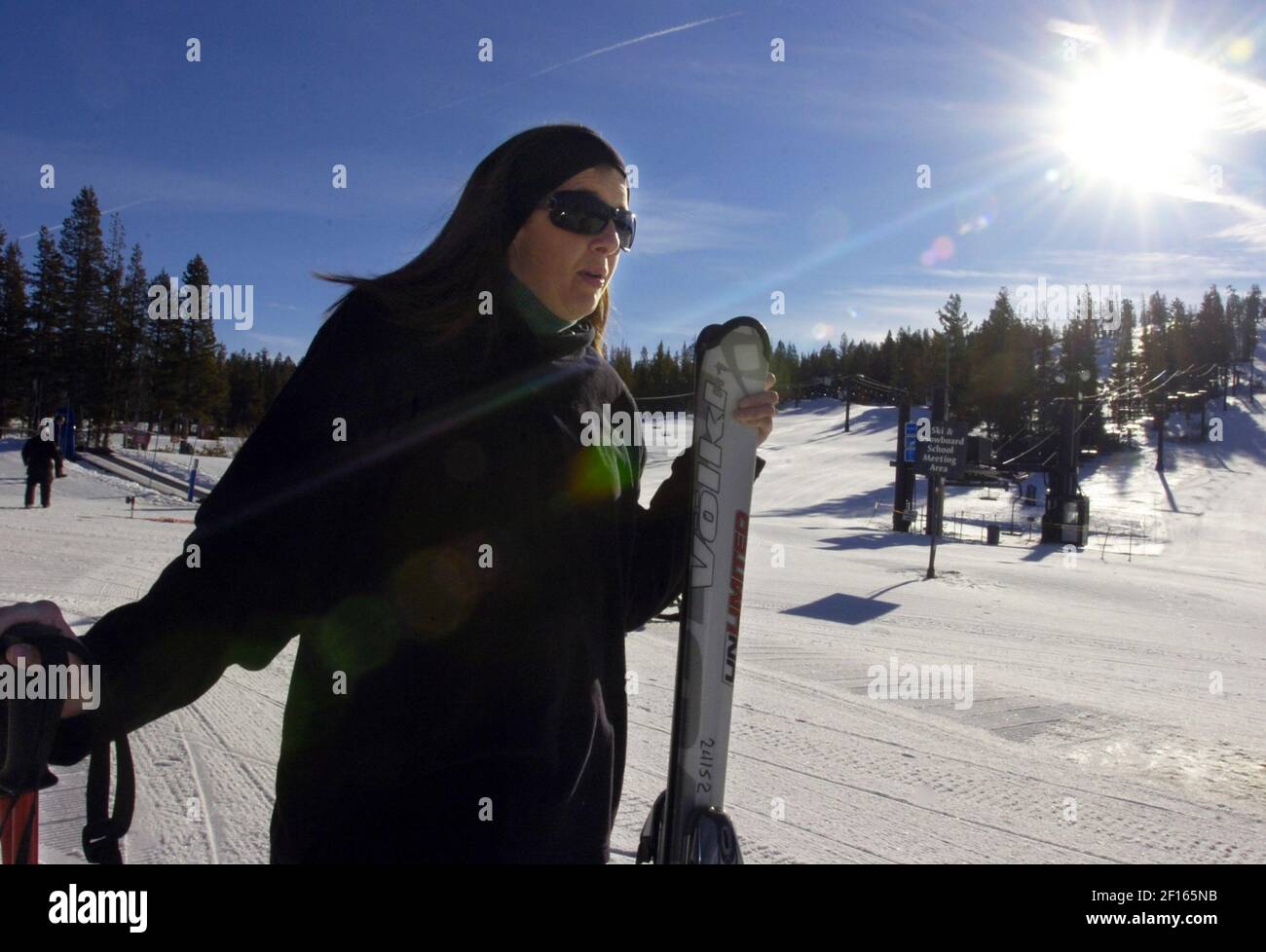 Jennifer Mitchell of Austin, Texas, says that she's pleased with the ski conditions at Boreal Mountain Resort in Truckee California, Monday, February 6, 2007. She added that it was much like spring skiing. (Photo by Herman Bustamante Jr./Contra Costa Times/MCT/Sipa USA) Stock Photo