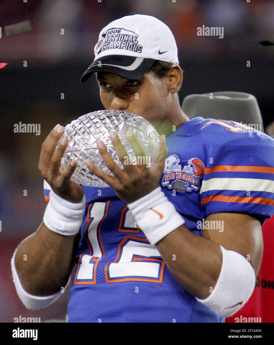 Florida quarterback Chris Leak kisses the BCS trophy after the Gators'  41-14 victory over Ohio State in the BCS national championship game in  Glendale, Arizona, Monday, January 8, 2007. (Photo by Jared
