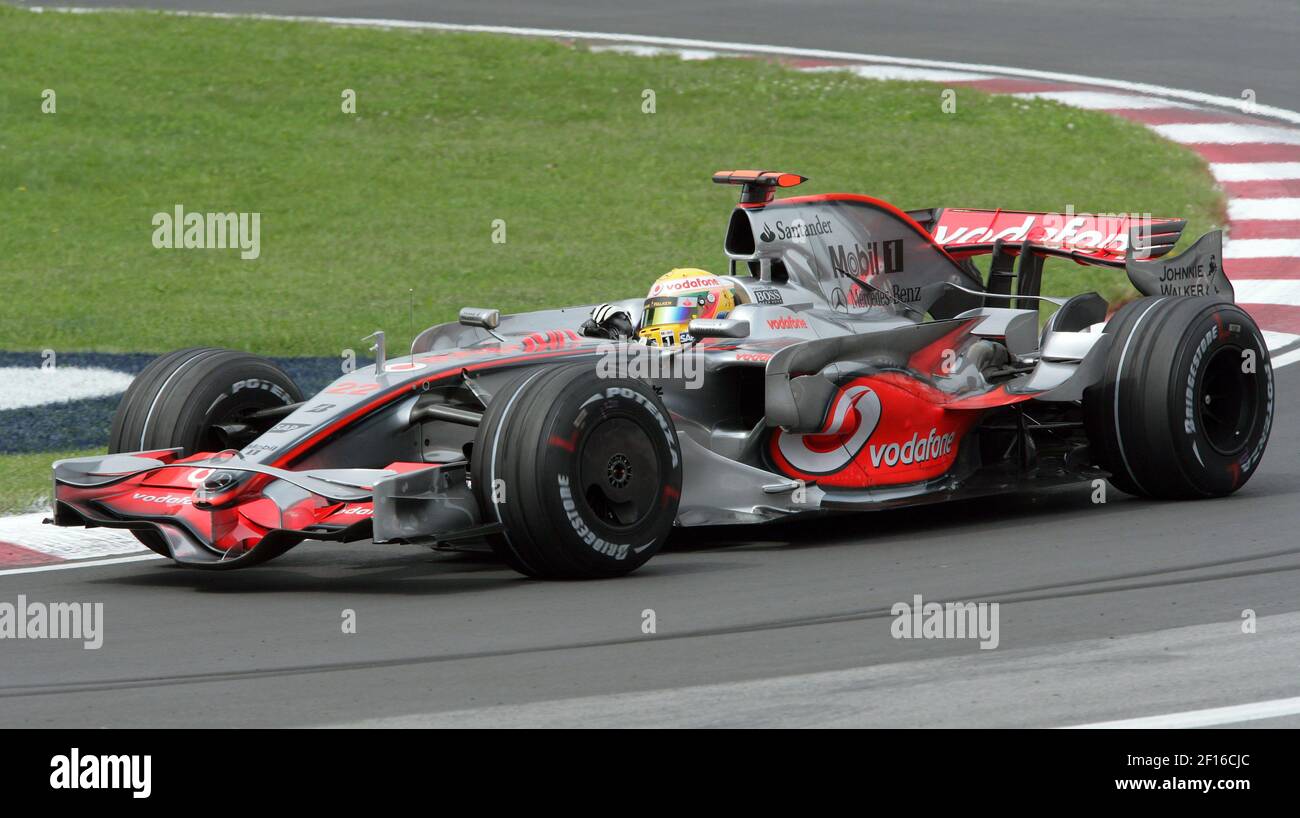 Lewis Hamilton drives for Vodafone McLaren Mercedes during the practice  session for the Canadian Formula One Grand Prix at the Circuit Gilles  Villeneuve in Montreal, Quebec on June 6, 2008. Hamilton, a