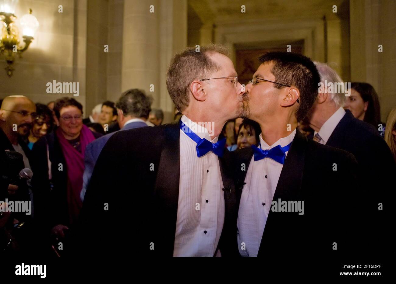 John Lewis, left, and Stuart Gaffney, of San Francisco, kiss after they were married inside the San Francisco City Hall, on the second day of legal gay marriages in California, Tuesday, June 17, 2008. The two were plaintiffs in the lawsuit that overturned the marriage ban. (Photo by Brian Baer/Sacramento Bee/MCT/Sipa USA) Stock Photo