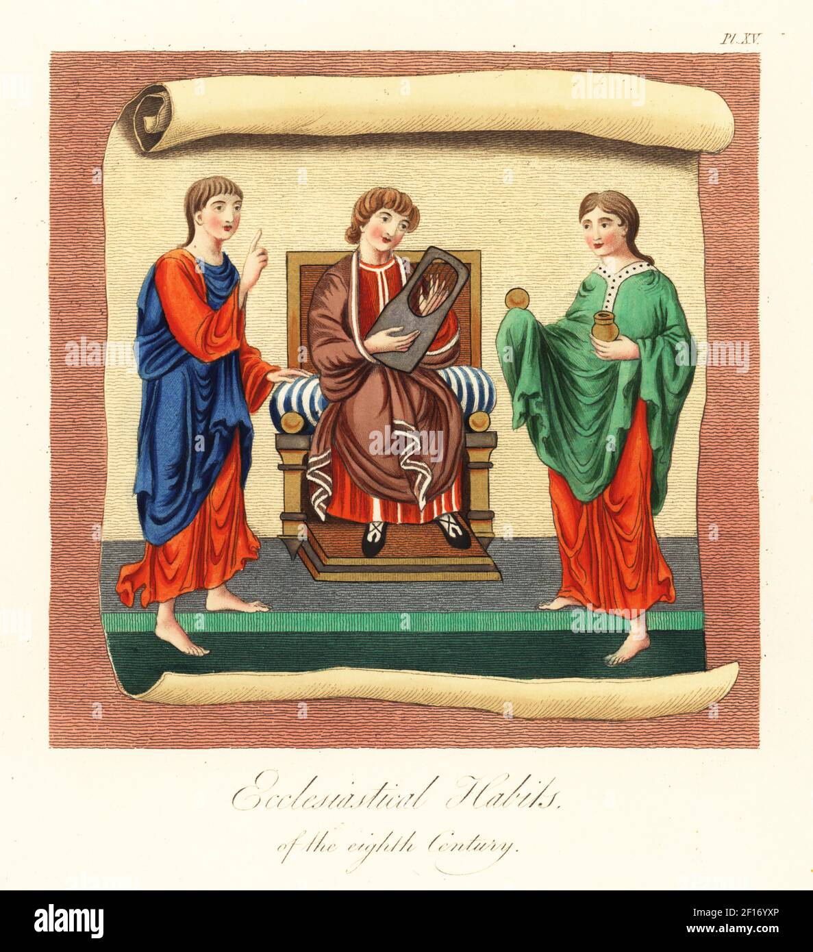 Anglo-Saxon ecclesiastical habits, 8th century. Priest from Old English Hexateuch, Cotton MS Claudius B iv, King David playing on a harp from Cotton MS Vespasian Psalter A i, and priest holding the host and the ciborium from Cotton MS Cleopatra C viii. Handcoloured engraving by Joseph Strutt from his Complete View of the Dress and Habits of the People of England, Henry Bohn, London, 1842. Stock Photo