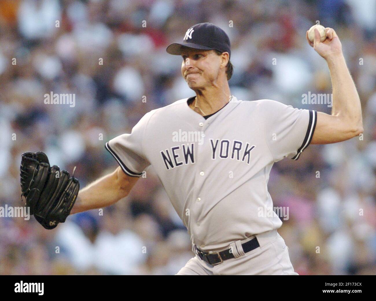 New York Yankees Randy Johnson throws to the plate during batting