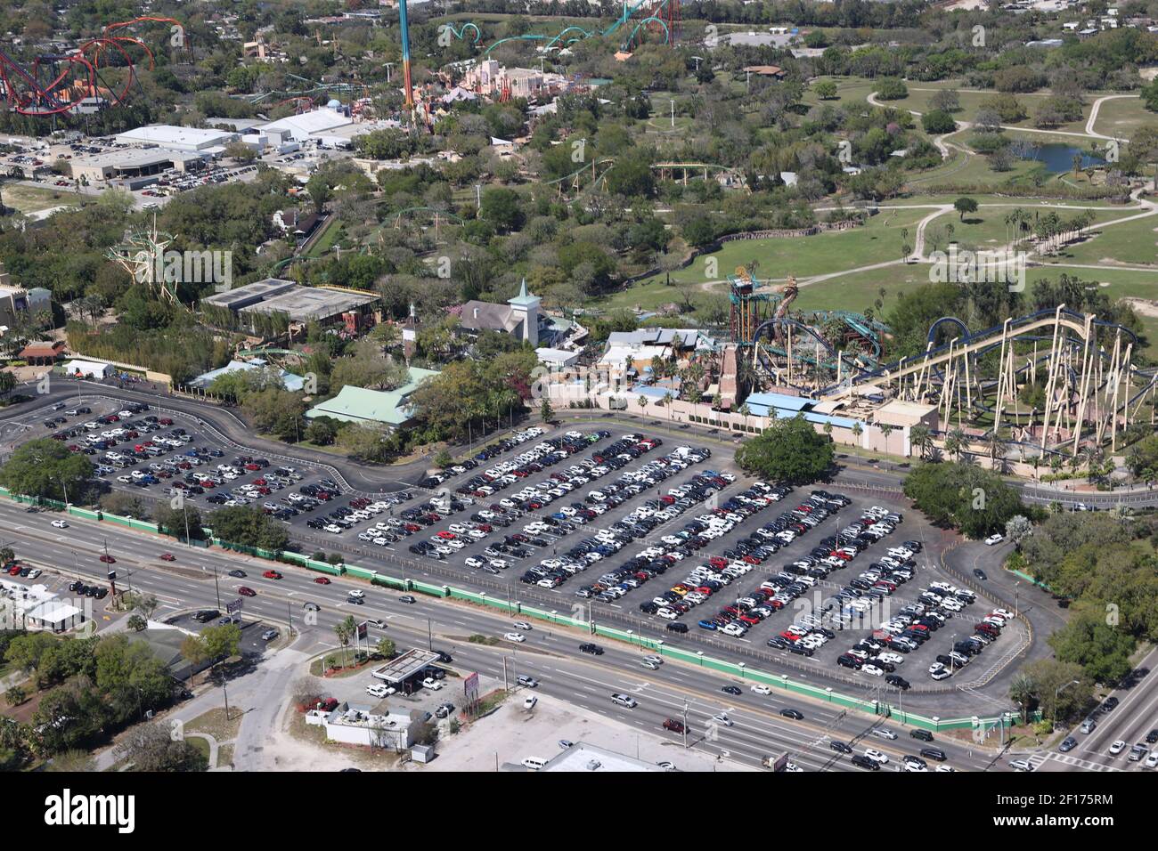 Tampa, FL, USA. 7th Mar, 2021. Busch Gardens Amusement Park parking lot
