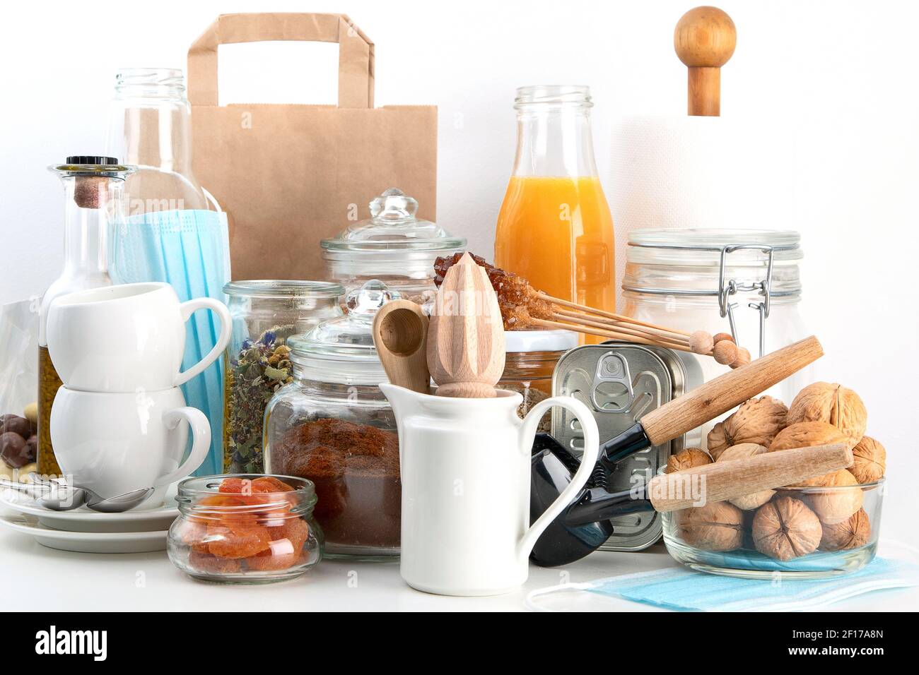 Pantry food for crisis period. Different size and shape jars with
