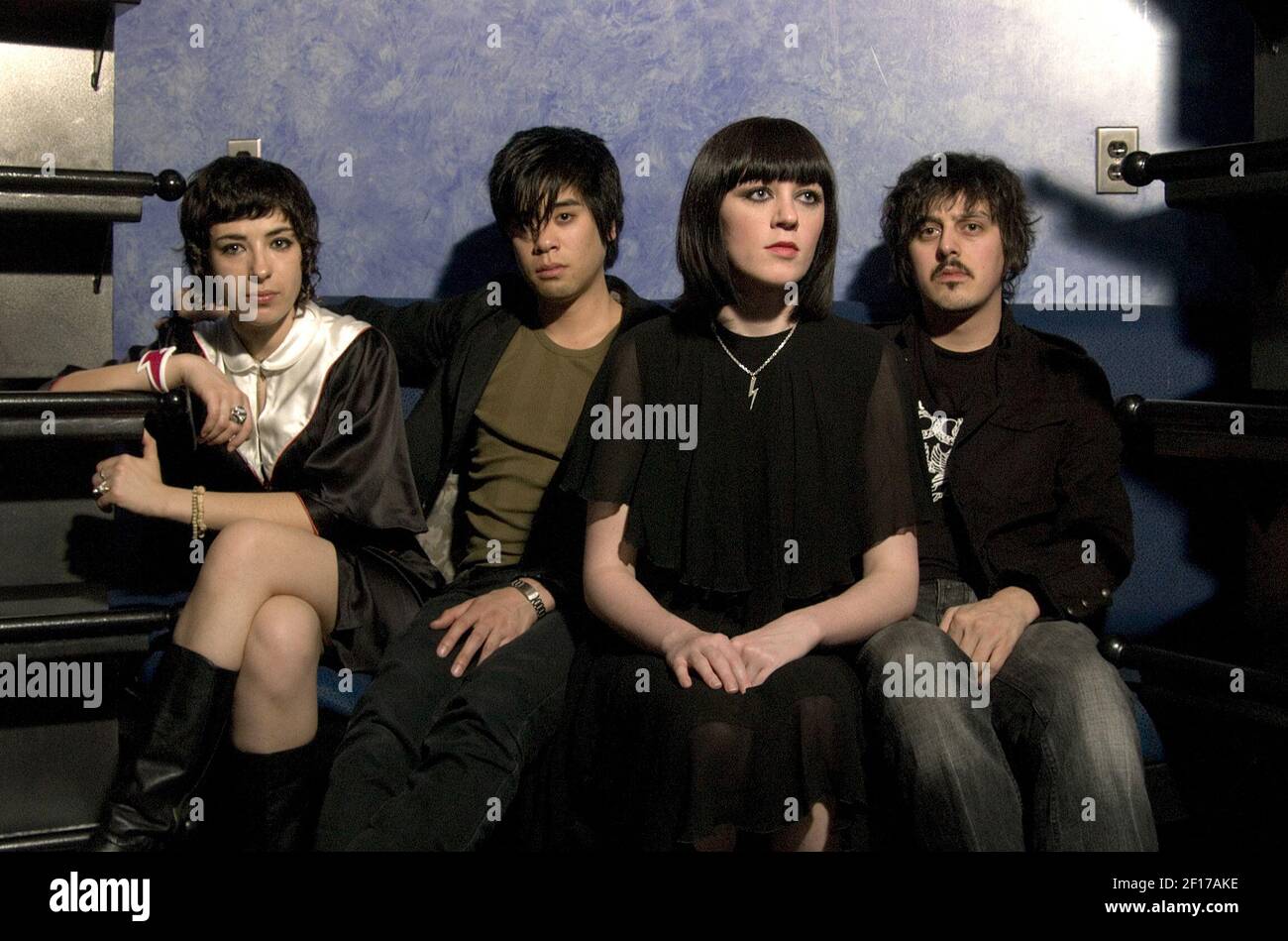 Ladytron members (left to right) Mira Aroyo, Reuben Wu, Helen Marnie and Danny Hunt backstage before a recent gig in Washington D.C., on Friday, April 14, 2006. The group is touring in support of its latest album, "Witching Hour," and its new CD, "Extended Play." (Katherine Gaines/KRT) Stock Photo