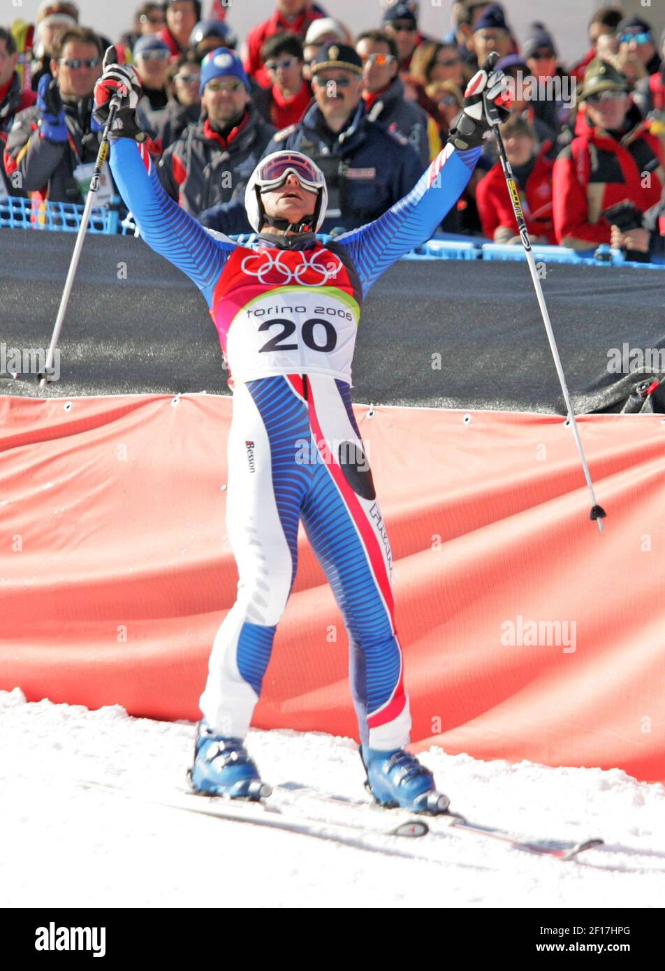 Joel Chenal of France reacts after his silver medal run in the men's giant Slalom at the Turin 2006 Winter Olympic Games in Sestriere Colle, Italy Monday February 20, 2006. (Ron Jenkins./ Fort Worth Star-Telegram/ KRT) Stock Photo