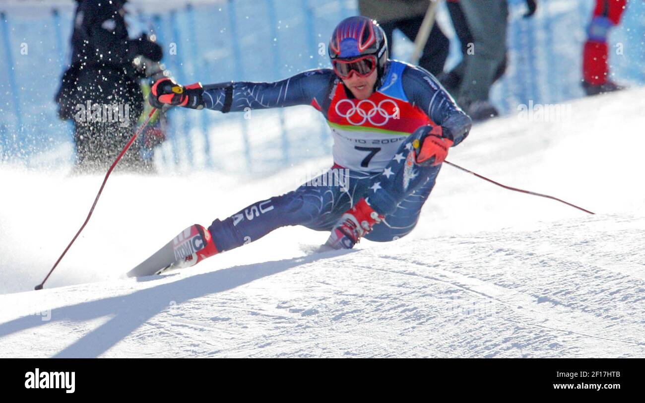 Bode Miller of the United States skis down the course during the first run of the men's giant slalom at the Turin 2006 Winter Olympic Games in Sestriere Colle, Italy Monday February 20, 2006. (Ron Jenkins./ Fort Worth Star-Telegram/ KRT) Stock Photo