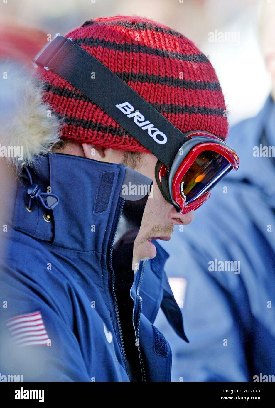 Bode Miller of the United States waits as other skiers make their final run of the men's giant Slalom at the Turin 2006 Winter Olympic Games in Sestriere Colle, Italy Monday February 20, 2006. (Ron Jenkins./ Fort Worth Star-Telegram/ KRT) Stock Photo