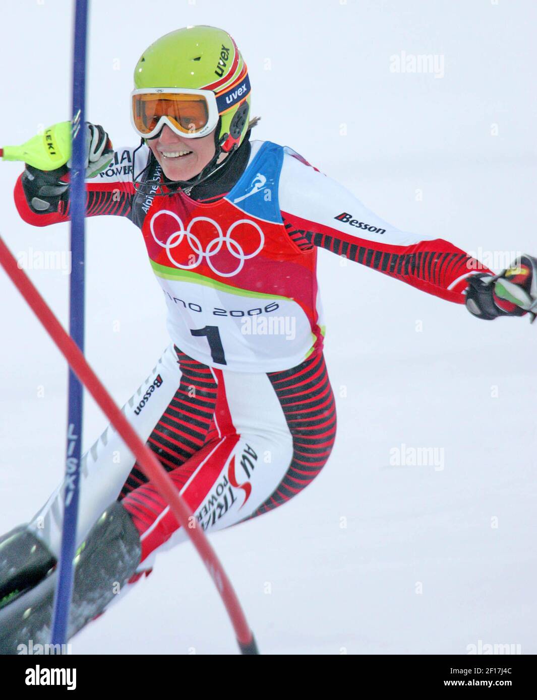 Marlies Schild of Austria rounds a gate during the ladies combined slalom competition at the Turin 2006 Winter Olympic Games in San Sestriere Colle, Italy Friday February 17, 2006. (Ron Jenkins./ Fort Worth Star-Telegram/ KRT) Stock Photo