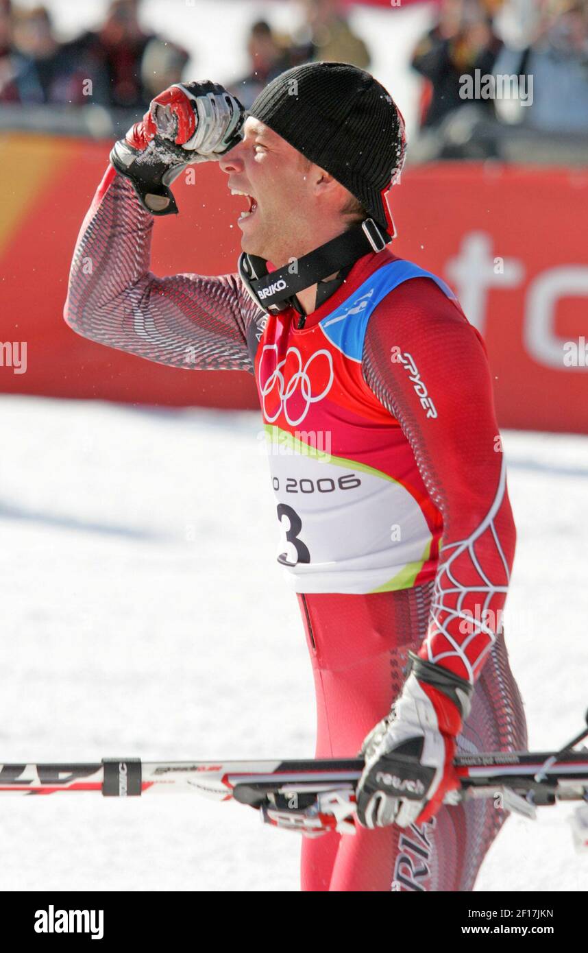 Benjamin Raich of Austria reacts after his gold medal run in the men's giant Slalom at the Turin 2006 Winter Olympic Games in Sestriere Colle, Italy Monday February 20, 2006. (Ron Jenkins./ Fort Worth Star-Telegram/ KRT) Stock Photo