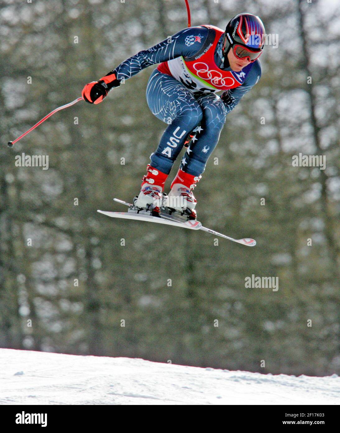Bode Miller of the United States catches some air during the men's combined downhill competition at the Turin 2006 Winter Olympic Games in Sestriere Borgata, Italy Tuesday February 14, 2006.(Ron Jenkins./ Fort Worth Star-Telegram/ KRT) Stock Photo