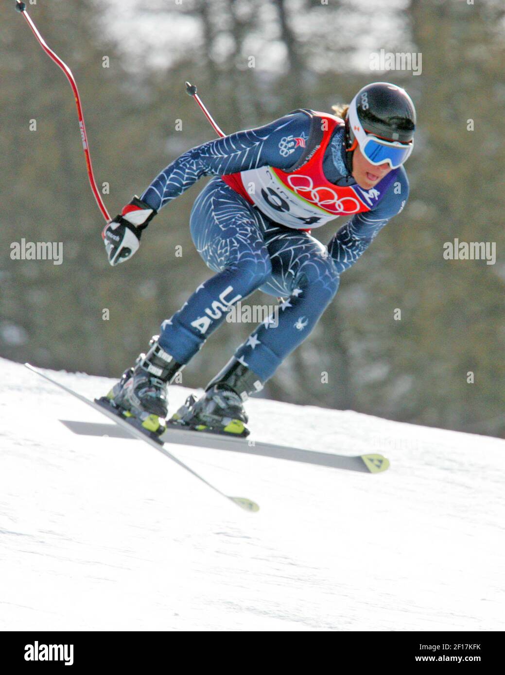 Steven Nyman of the United States catches some air during the men's combined downhill competition at the Turin 2006 Winter Olympic Games in Sestriere Borgata, Italy Tuesday February 14, 2006. (Ron Jenkins./ Fort Worth Star-Telegram/ KRT) Stock Photo