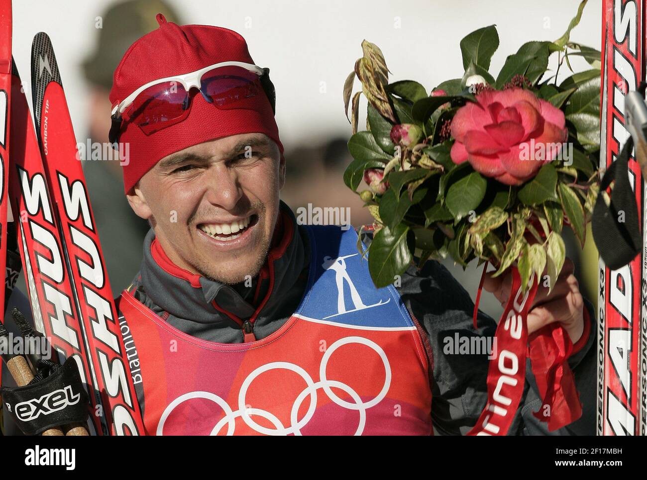 Germany's Michael Greis celebrates his gold medal for the men's 20 km individual biathlon competition at the 2006 Winter Olympic Games in Turin, Italy Saturday February 11, 2006. Greis finished with a time of 53:23:0. (Photo by Abaca Press/KRT) Stock Photo