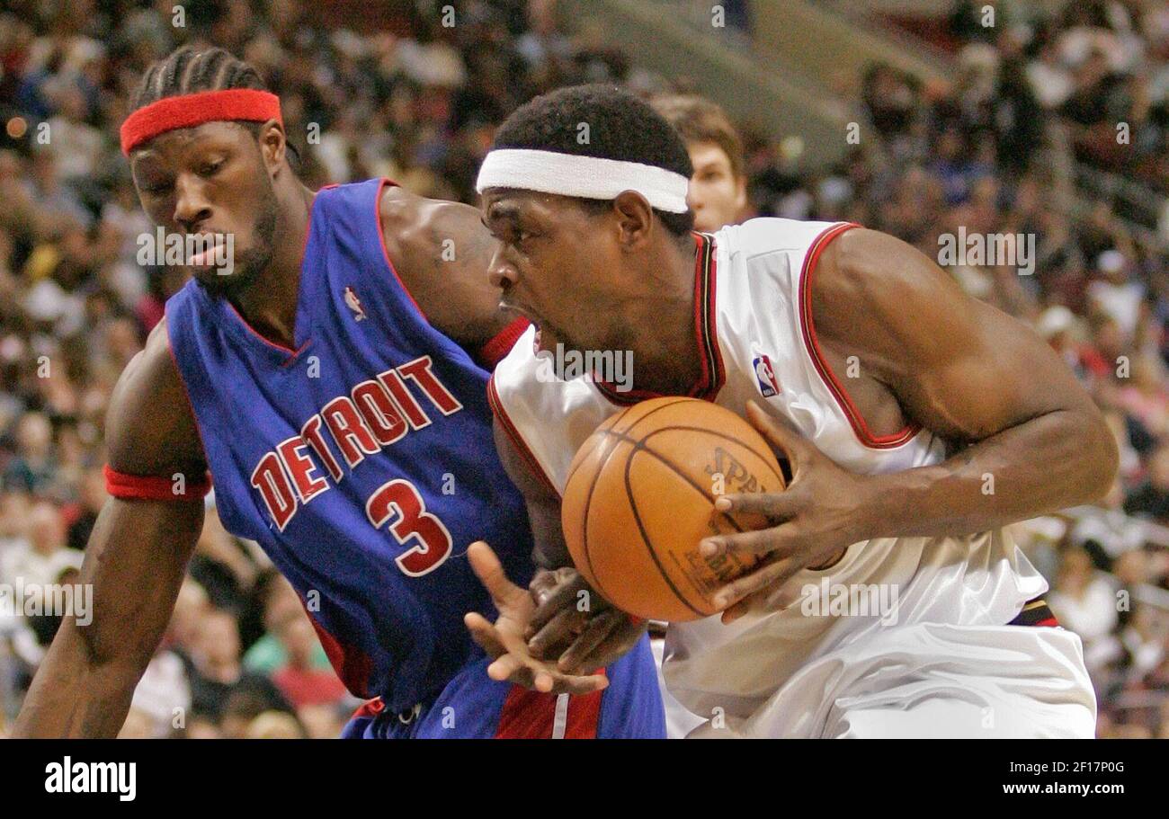 Philadelphia 76ers forward Chris Webber tries to drive to the basket past Ben  Wallace of the Detroit Pistons during game action. The Pistons defeated  the76ers, 87-80, at the Wachovia Center in Philadelphia,