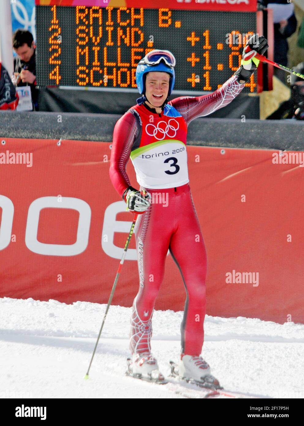 Benjamin Raich of Austria reacts after his gold medal run in the men's giant Slalom at the Turin 2006 Winter Olympic Games in Sestriere Colle, Italy Monday February 20, 2006. (Ron Jenkins./ Fort Worth Star-Telegram/ KRT) Stock Photo
