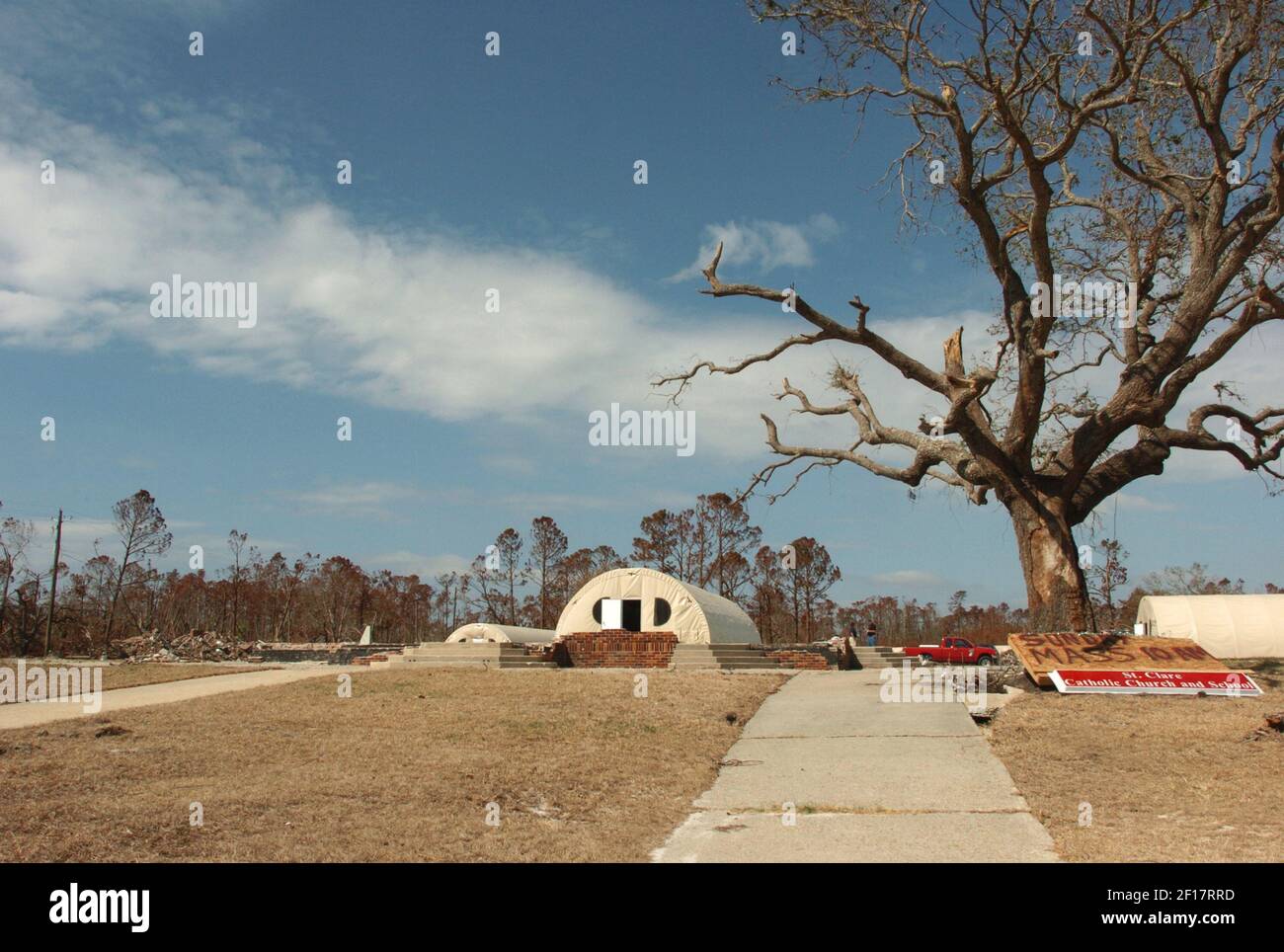 The tent used as the meeting place on the site of St. Clare Catholic