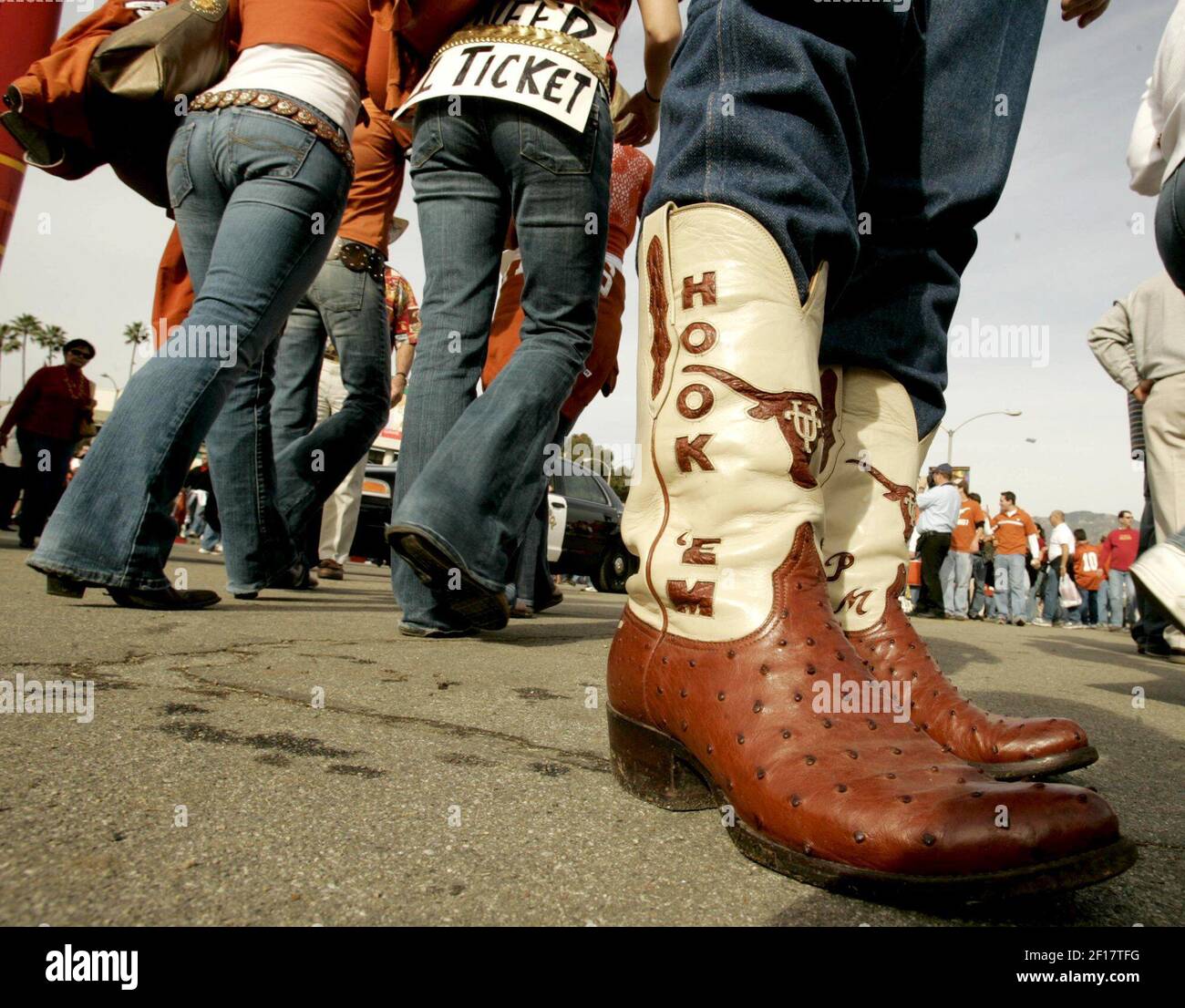 Pat McMahan of San Antonio, Texas, brought his hook 'em horns boots to