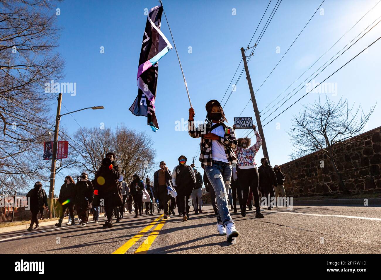 Washington, DC, USA, 7 March, 2012.  Pictured:  Protesters march down Martin Luther King Jr. Avenue in southesast DC during the Black Joy March.  The event called attention to the killing of Black people by police, while serving as a fun event for the community.  Credit: Allison C Bailey/Alamy Live News Stock Photo