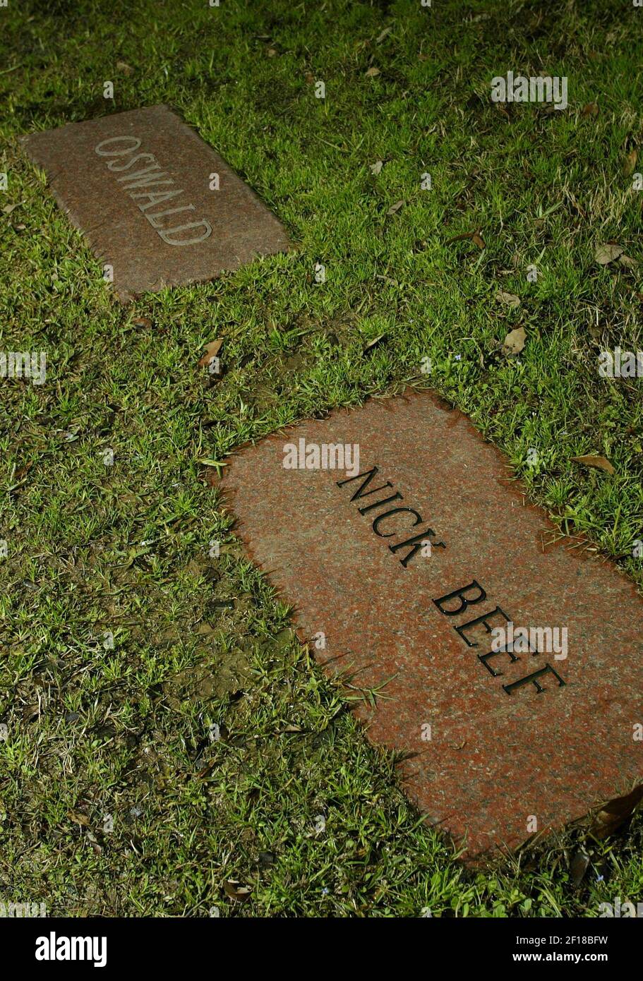 KRT US NEWS STORY SLUGGED: OSWALD-GRAVE KRT PHOTOGRAPH BY ALISON  WOODWORTH/FORT WORTH STAR-TELEGRAM (DALLAS-OUT) (March 13) A gravestone  with the name Nick Beef neighbors Lee Harvey Oswald's grave at Shannon Rose  Hill
