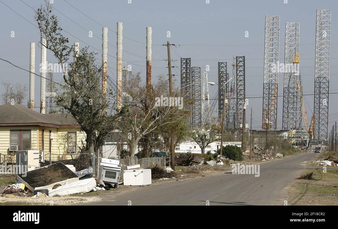 Offshore oil rigs frame the view down Tremont street, in Sabine Pass