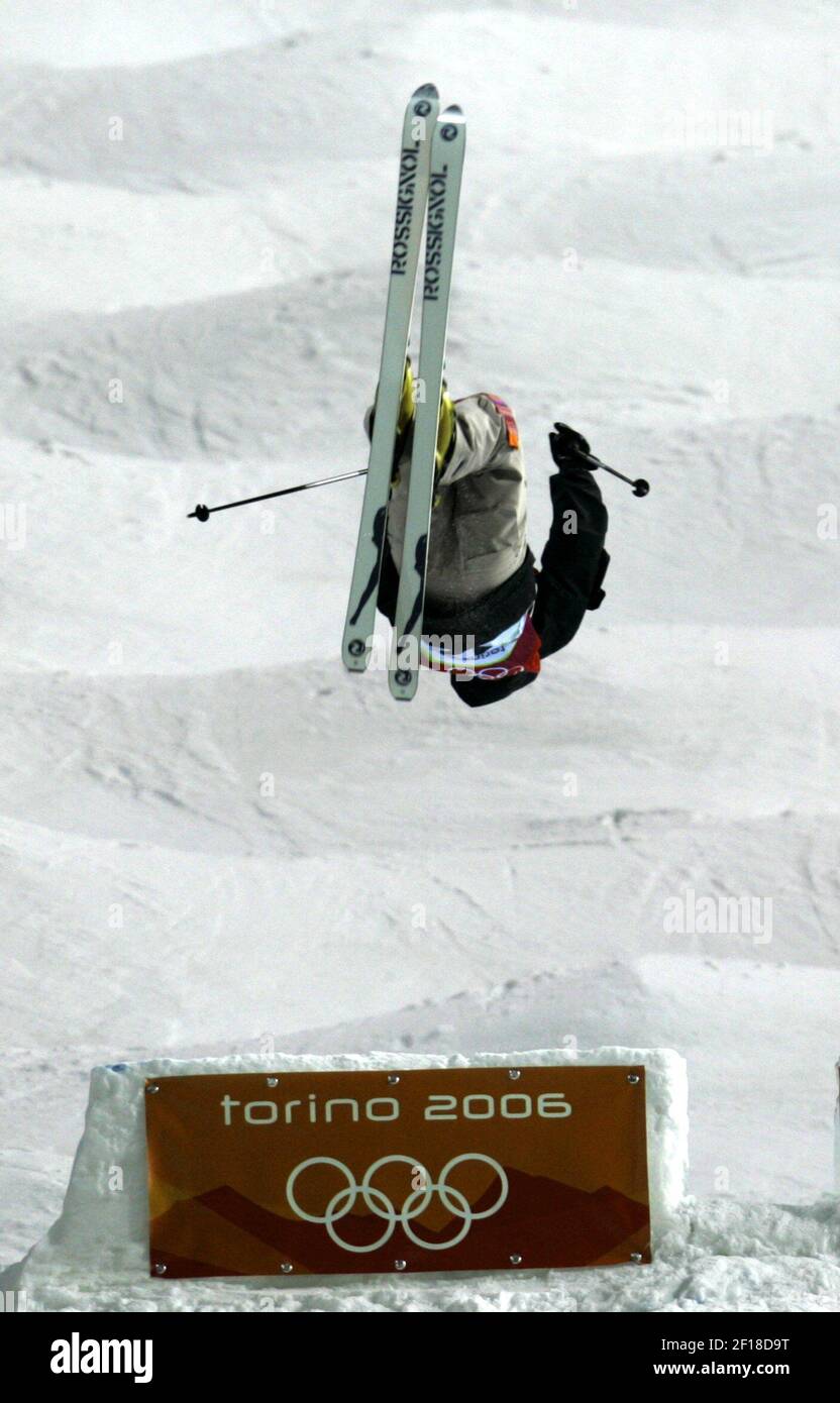 Bronze medalist Sandra Laoura of France gets airborne during the the medal round of Ladies Moguls during the 2006 Winter Olympic Games in Turin, Italy Saturday February 11 2006. (Joe Rimkus Jr./ Miami Herald/ KRT) Stock Photo