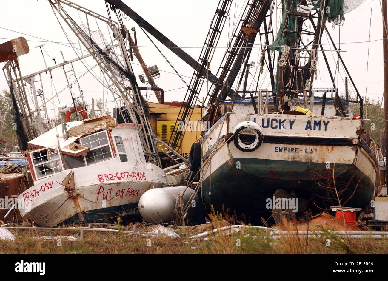 Damaged boats left behind by Hurricane Katrina are shown in Empire