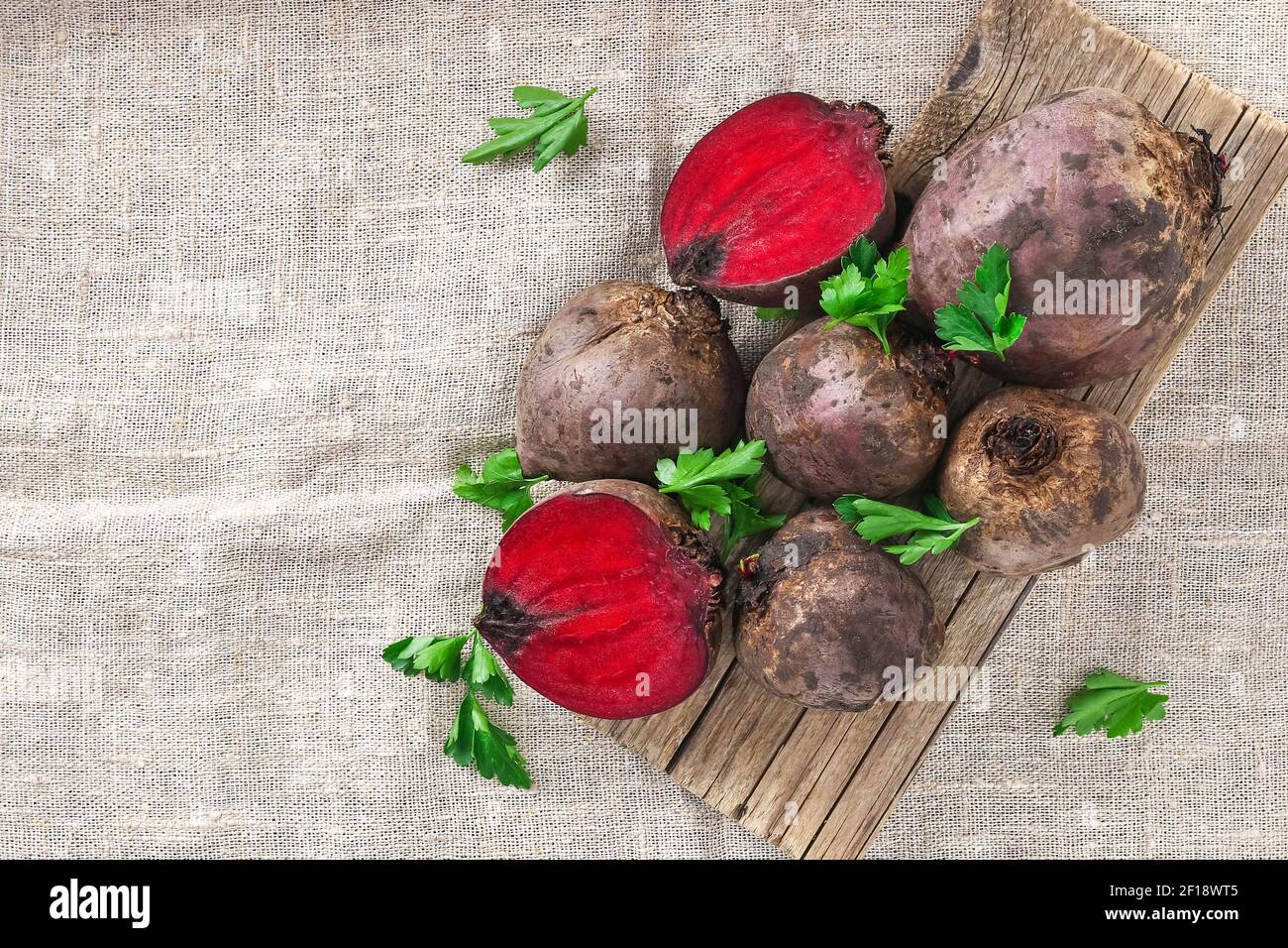 Beets for cooking. Beetroot vegetables on the table. Top view. Stock Photo
