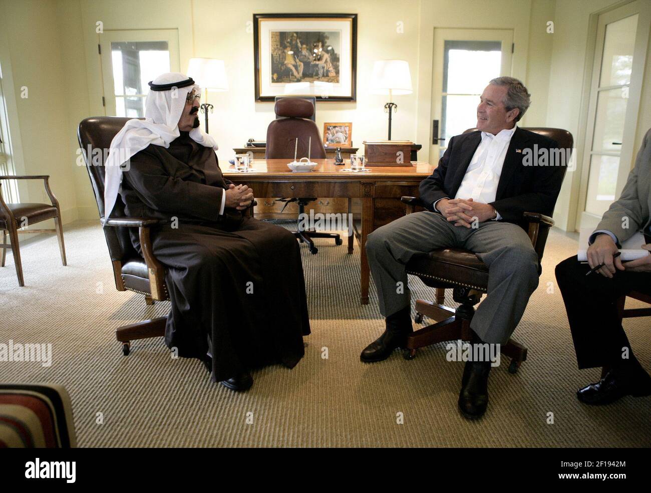 FOR USE WITH RELATED KRT US NEWS STORY SLUGGED: BUSH KRT PHOTOGRAPH BY ERIC DRAPER/THE WHITE HOUSE (April 25) CRAWFORD, TX-- President George W. Bush visits with Saudi Crown Prince Abdullah Monday, April 25, 2005, at the President's ranch in Crawford, Texas. (Photo by lde) 2005 Stock Photo