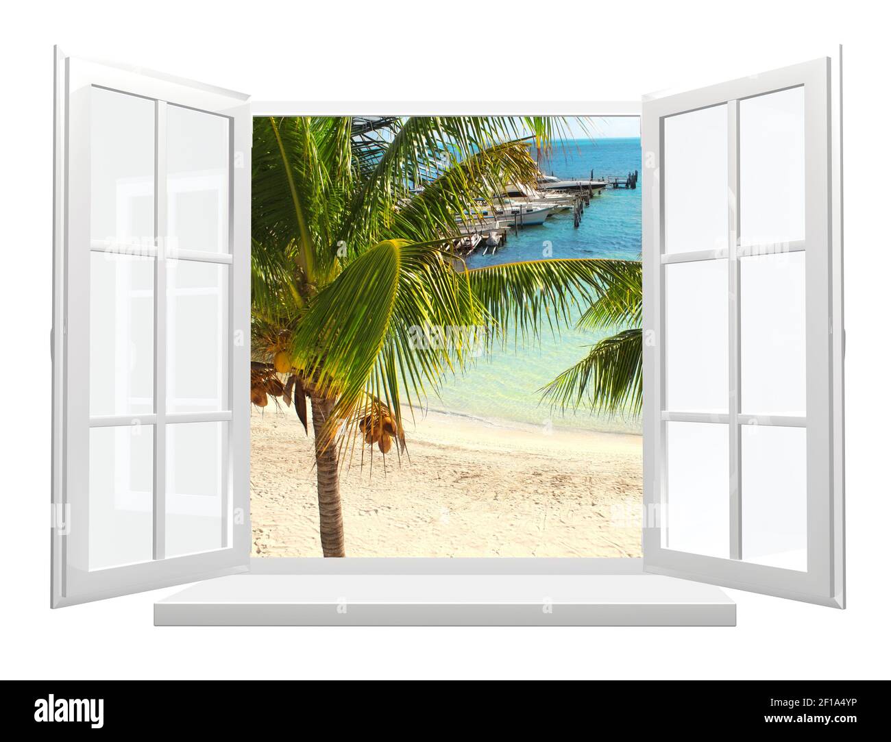 View of ocean through window. Sea view room. Travel, resort, vacation and holiday concept. Beautiful tropical sea view at window in resort. Isolated o Stock Photo