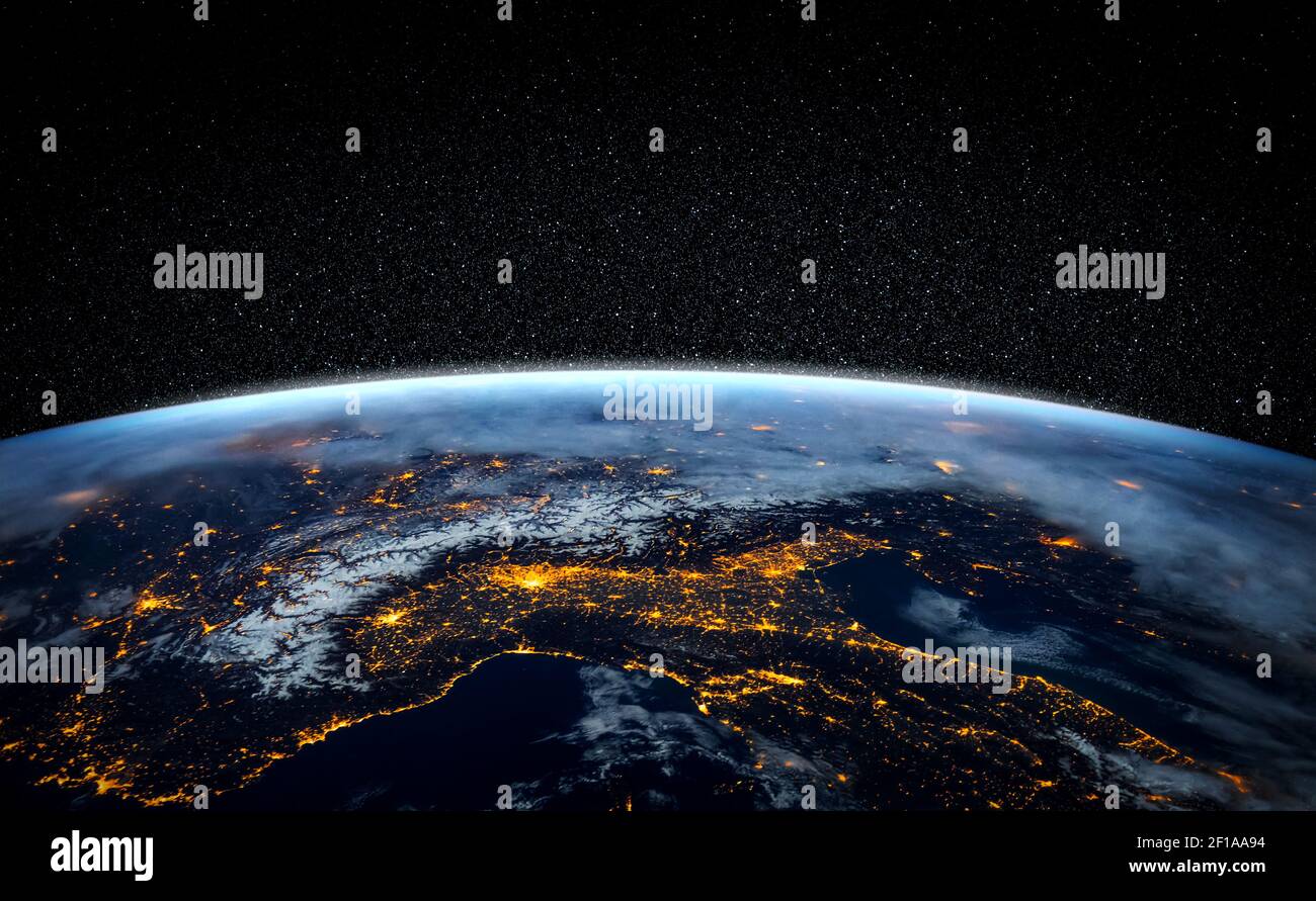 Planet earth globe view from space showing realistic earth surface and world map as in outer space point of view . Elements of this image furnished by Stock Photo