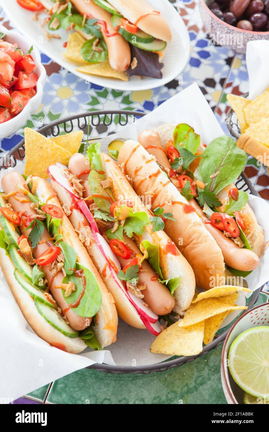 Fresh hot dogs with tortilla chips Stock Photo Alamy