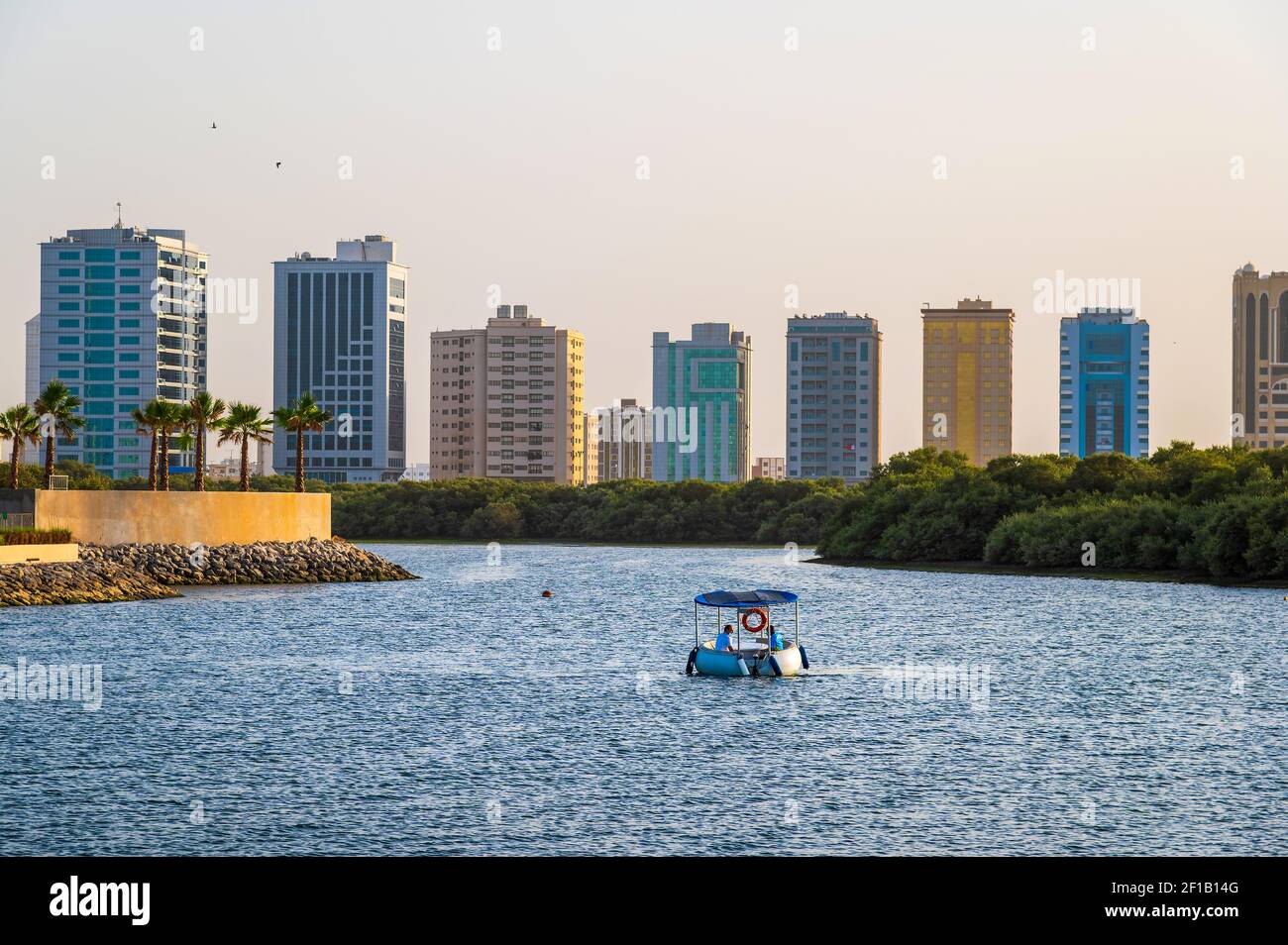 Ras al Khaimah, United Arab Emirates - January 24, 2021: Ras al Khaimah city view from the new public walking and leisure area in Mannar mall by the R Stock Photo