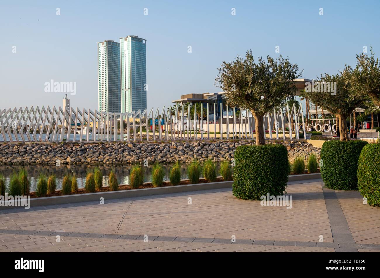 Ras al Khaimah, United Arab Emirates - January 24, 2021: New public walking and leisure area in Mannar mall by the Ras Al Khaimah corniche in the hear Stock Photo