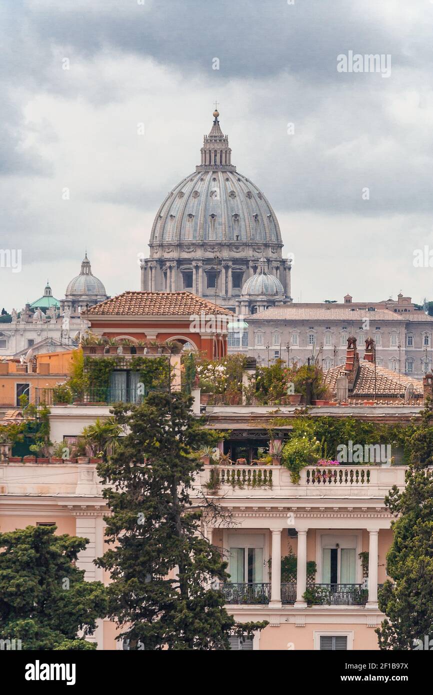 View of St. Peter's Basilica in Vatican from the Pincio Terrace, Rome, Lazio, Italy. Stock Photo