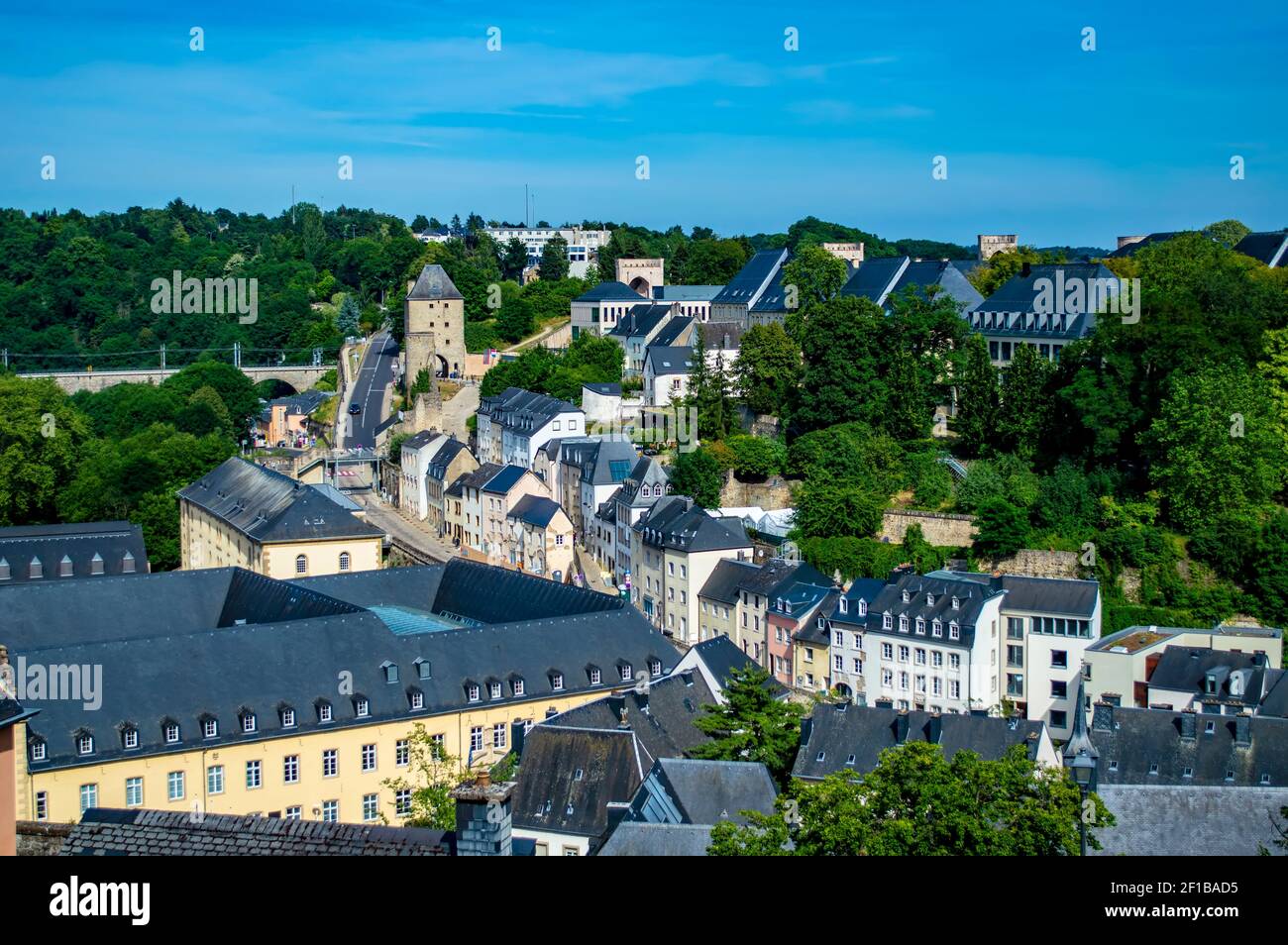 Luxembourg city, Luxembourg - July 16, 2019: Typical traditional buildings with grey houses in Luxembourg city Old Town Stock Photo